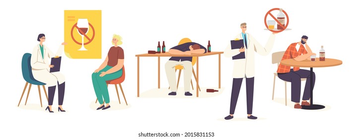 People with Alcohol Addiction Male and Female Characters Having Pernicious Habits Addictions and Substance Abuse, Drunk Men and Women Sleeping, Narcologist Appointment. Cartoon Vector Illustration