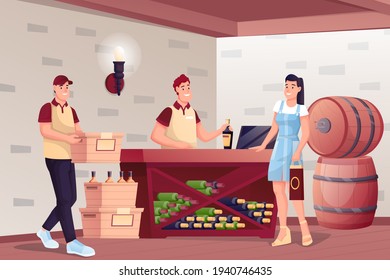 People in alcohol shop. Wine store interioir design with bar table for tasting, shelves with bottles, barrels vector illustration. Woman buying, man choosing, worker with box and at counter.