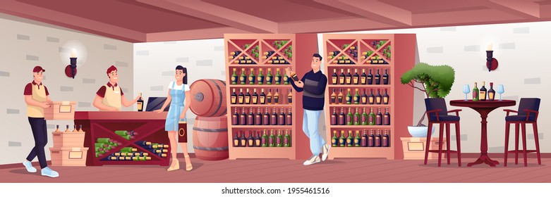 People in alcohol shop. Wine store interioir design with bar table for tasting, shelves with bottles, barrels vector illustration. Woman buying, man choosing, worker with box and at counter.