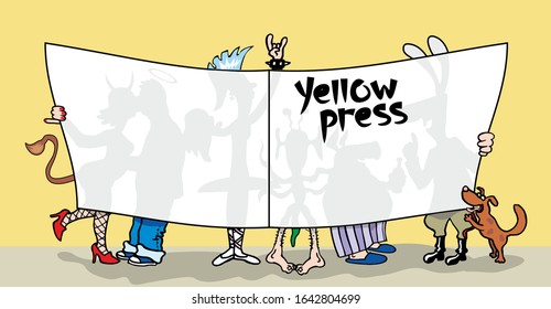 People, an alien, a punk rocker, a dog are reading a newspaper on which the yellow press is written. Fake news illustration