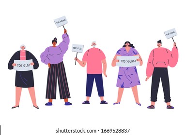 People of all ages are discriminated against by age. Different people not fit the demands of society.Ageism concept.Too old, too young. Employment problems.Cartoon character.Vector colorful illustration.