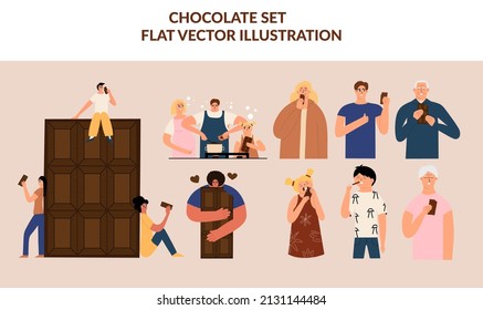 People Of All Ages Eat Chocolate. Character Set, Grandma, Grandpa, Mom, Dad, Daughter And Son Eating Sweet Food. Vector Illustration In A Flat Style. Element Design.