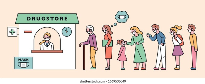 People Of All Ages Line Up In Front Of The Pharmacy To Buy A Mask. Flat Design Style Minimal Vector Illustration.