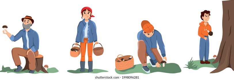 People of all ages pick mushrooms. Harvesting concept. Mushroom picking . People in nature collect mushrooms in a basket. Stock vector illustration.