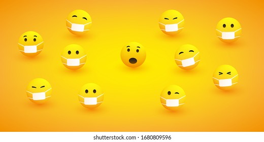 People All Around a Surprised Emoticon Wearing Face Masks to Protect Against Infection Hazard - Design Concept of Careful, Responsible People During the Global Corona Virus Pandemic