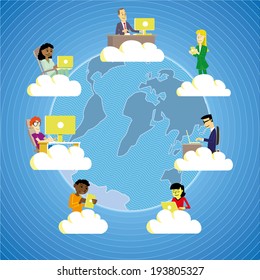 People from all around the world working and cooperating using cloud technology.