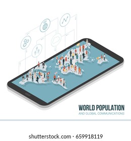 People from all over the world connecting together on a smartphone: global communication, sharing and technology concept