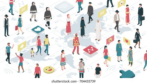 People from all over the world connecting together: communication, technology and social media concept