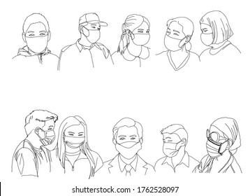 People all over the world live a new normal lifestyle. Wearing a mask to prevent infection from an epidemic coronavirus covid-19.vector Line art design illustration of social distancing concept