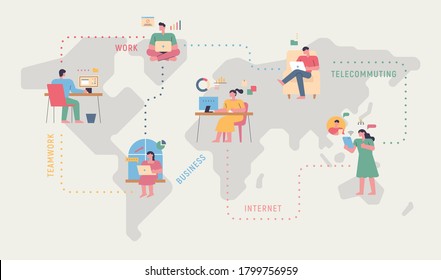 People From All Over The World Are Networked And Working. World Map Background.  Flat Design Style Minimal Vector Illustration.