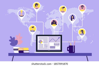 People from all over the world, professionals in various industries, work together online on a laptop, work remotely, work from home and work from anywhere. Vector illustration on isolated background.