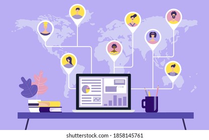 People from all over the world, professionals in various industries, work together online on a laptop, work remotely, work from home and work from anywhere. Vector illustration on isolated background.