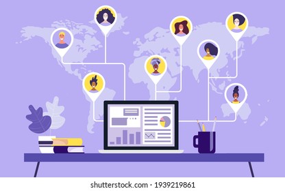 People from all over the world, professionals in various industries, work together online on a laptop, work remotely, work from home and work from anywhere. Vector illustration on isolated background.