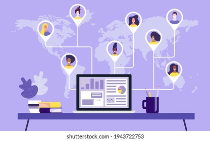 People from all over the world, professionals in various industries, work together online on a laptop, work remotely, work from home and work from anywhere. Vector illustration on isolated background.