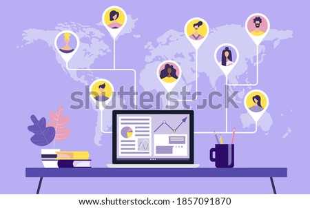 People from all over the world, professionals in various industries, work together online on a laptop, work remotely, work from home and work from anywhere. Vector illustration on isolated background.