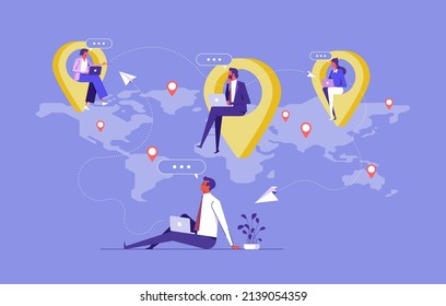 People from all over the world, remote job or distance work concept, businessman working remotely with computer laptop on location map pin