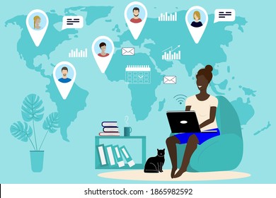 People from all over the world work together on a computer using the Internet. People on video conference meeting, work from home, anywhere. Vector illustration