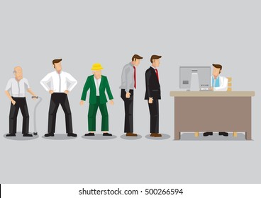 People from all walks of life standing in line waiting for their turn in front of administrative staff working on computer. Cartoon vector illustration isolated on plain background.