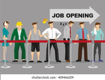 People From All Walks Of Line Waiting Patiently In Line In Front Of Arrow Sign That Says Job Opening. Vector Illustration On Too Many Job Seekers In Competitive Job Market Concept.