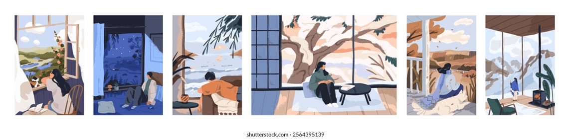 People alone looking at distance out of windows. Watching nature landscape views, enjoying calm solitude. Quiet solo life, psychology concept. Flat vector illustration isolated on white background