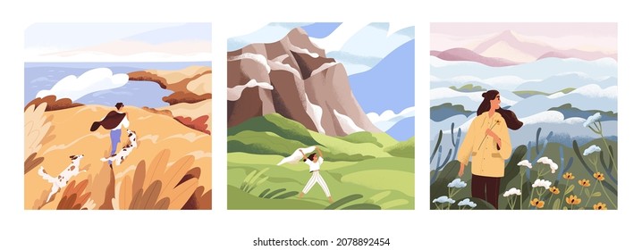 La gente sola en la naturaleza. Paisajes pacíficos con hombres y mujeres felices caminan y viajan en soledad. Personajes que disfrutan de paisajes al aire libre en primavera y otoño. Ilustraciones de vectores planos de color