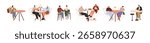 People are alone or together at the table set. Men and women sit on chairs, eating food, drinking alcohol, cheers. Characters meet and talk in restaurant. Flat isolated vector illustrations on white