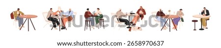 People are alone or together at the table set. Men and women sit on chairs, eating food, drinking alcohol, cheers. Characters meet and talk in restaurant. Flat isolated vector illustrations on white