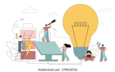 Las personas usan fuentes alternativas de energía renovable. Energía solar, extracción de recursos naturales, hora de la Tierra, ahorro de energía. Ilustración vectorial aislada en fondo blanco.