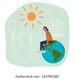 People Alternative Renewable Energy Sources. Solar Energy, Natural Resource Extraction, Earth Hour, Energy Saving. Vector Illustration Isolated On White Background. Flat Girl Sitting On Planet