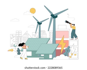 People alternative renewable energy sources. Wind energy, natural resource extraction, earth hour, energy saving. Vector illustration isolated on white background.