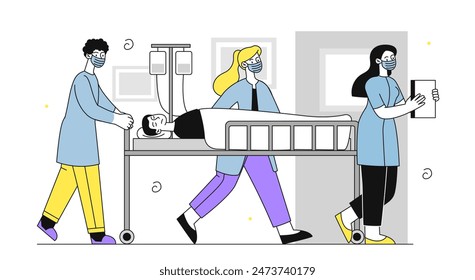 Personas en ambulancia. Los médicos llevan al paciente en una camilla al quirófano. Asistencia de emergencia y salvamento tras accidentes e incidentes. Ilustración vectorial plana lineal aislada sobre fondo blanco