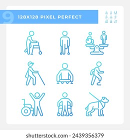 People with amputation gradient linear vector icons set. Prosthetic limb, special needs. Equality and diversity. Thin line contour symbol designs bundle. Isolated outline illustrations collection