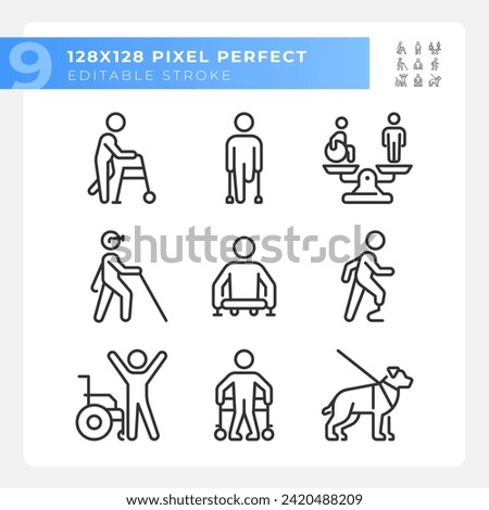 People with amputation linear icons set. Prosthetic limb, special needs. Equality and diversity. Customizable thin line symbols. Isolated vector outline illustrations. Editable stroke