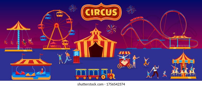 People in amusement park vector illustration. Cartoon flat family characters walking in park with circus tent, ride rollercoaster or carousel, ferris wheel, fun fair. Carnival entertainment background