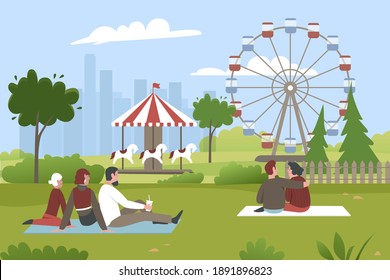 People in amusement park vector illustration. Cartoon young man woman characters sitting on green grass in summer park with carnival fair, ferris wheel, roundabout, lunapark entertainment background