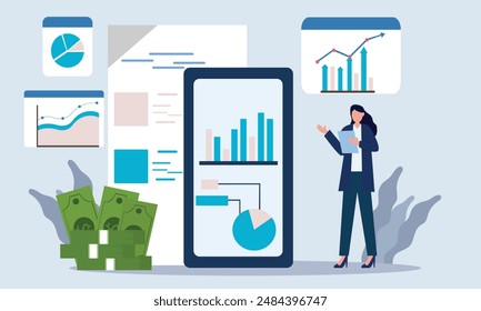 Las Personas analizan los datos en línea y preparan informes gráficos en un móvil. Conceptos de análisis de datos de gráficos de informe financiero. Ilustración vectorial plana.