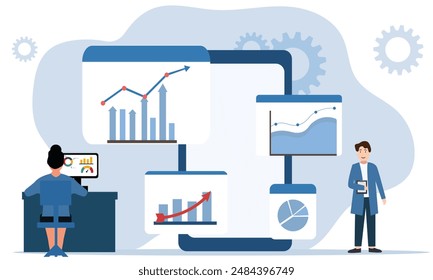 People analyse data online and prepare graph reports on a mobile. Finance report graph data analytics concepts. Flat vector illustration.