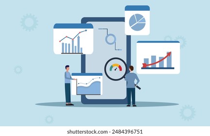 Las Personas analizan los datos en línea y preparan informes gráficos en un móvil. Conceptos de análisis de datos de gráficos de informe financiero. Ilustración vectorial plana.