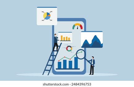 People analyse data online and prepare graph reports on a mobile. Finance report graph data analytics concepts. Flat vector illustration.