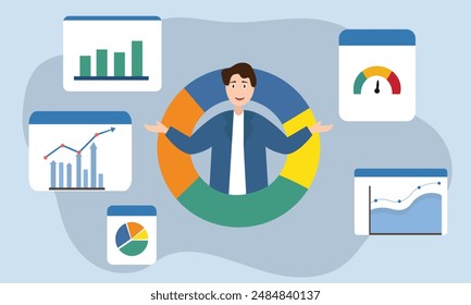 People analyse data and prepare graph reports. Finance report graph data analytics concepts. Flat vector illustration.