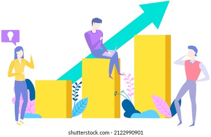 People analysing ascending arrow bar graph. Colleagues working with statistical indicators, business statistics. Employees work in data analysis, braintorming. Analysis of growth of profit graph