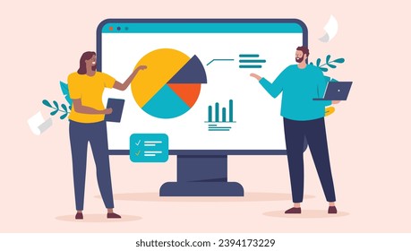 People analysing data - Businessman and woman looking at pie chart on computer screen doing analytics and working together. Flat design vector illustration with beige background