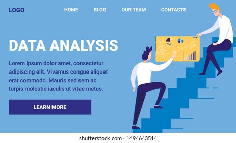 People Analysing Data at Presentation on Board Flat Cartoon Vector Illustration. Man Characters Looking at Graphs with Pieces, Gears. Businessman Discussing Company Growth Web Design.