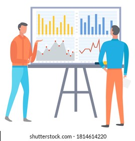 People analysing data and whiteboard. Businessman looking at board with charts and info in visual form. Scheme and explanation of planning on flipchart. Colleagues at work. Vector in flat style
