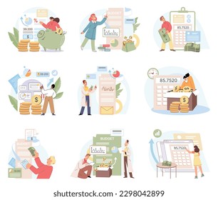 People analysis budget. Calculate financial plan of save income and expense management. Calculation financial income and expenses. Taxpayer counting money, taxation. Illustration metaphor