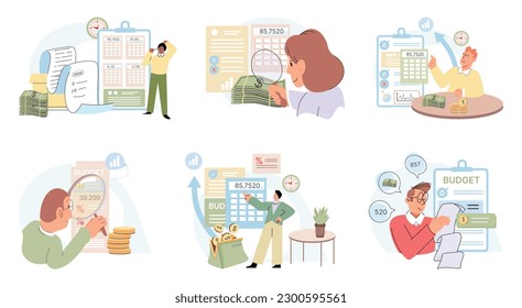 People analysis budget Calculate financial plan save income expense management. Financial return investment, fund raising, revenue growth, interest rate, loan installment, credit money, budget balance