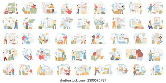People analysis budget. Calculate financial plan of save income and expense management. Business people accountants, spreadsheet producing reports. Income increase strategy. Budget planning, balanced