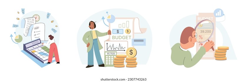 People analysis budget. Calculate financial plan of save income and expense. Data analysis, financial dashboard or accounting, corporate revenue or investment profit, tax, budget or marketing strategy
