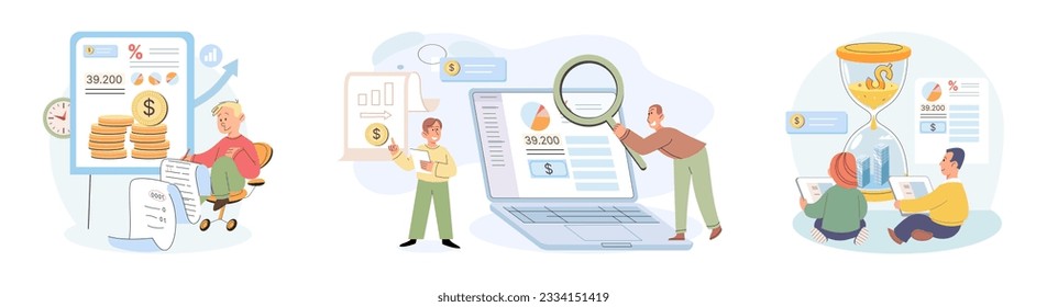 People analysis budget. Calculate financial plan of save income and expense management. Investments, money savings, budget management, financial profit. Monthly expenses planning illustration