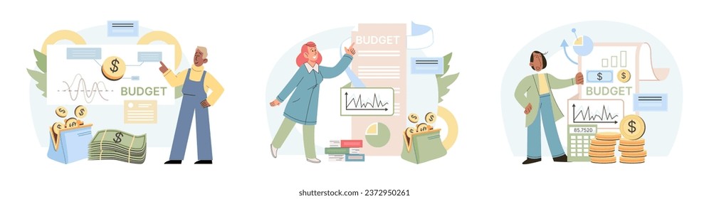 People analysis budget. Calculate financial plan of save income and expense management. Tax report, audit or investment analysis with money bag, graphs. Budget planning. Investments, money savings